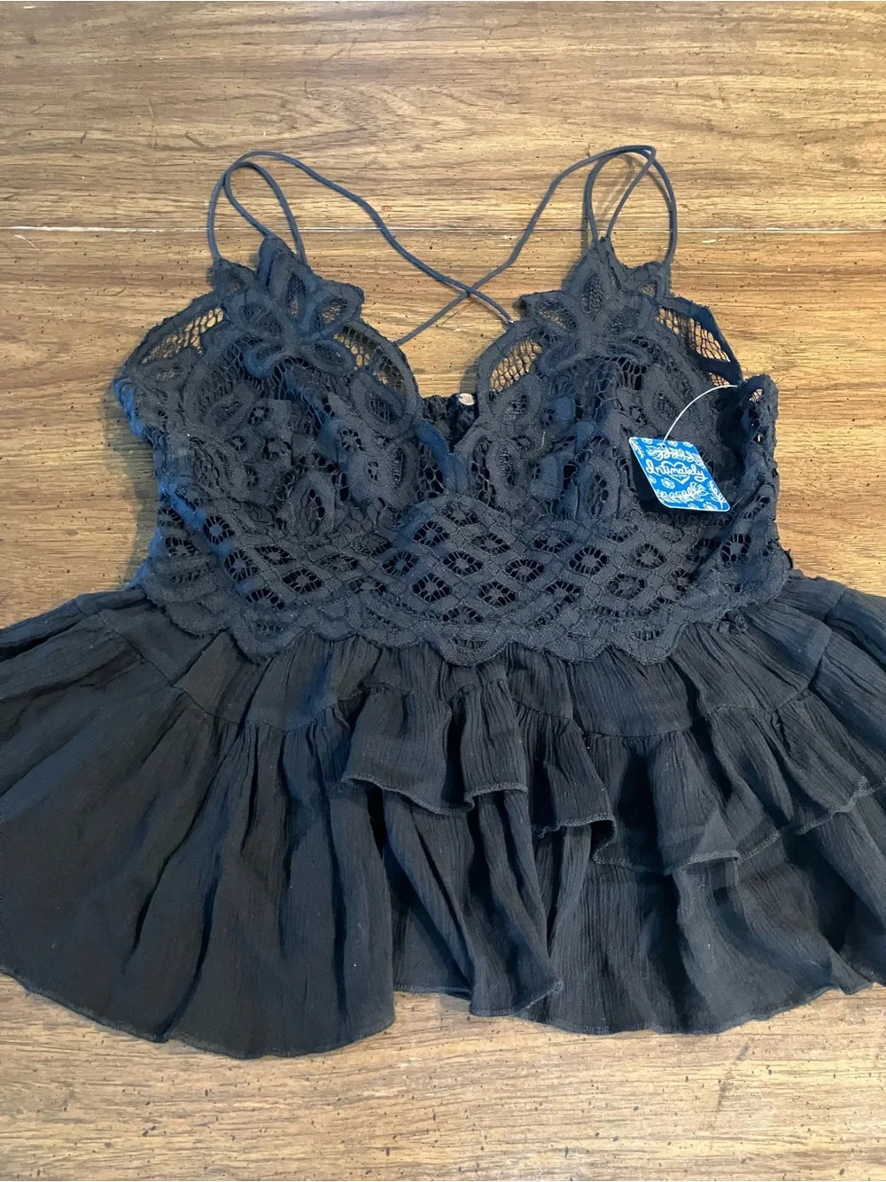 NWT Free People Adella Cami Black Lace Ruffle Peplum Tank Top XL Boho Coquette